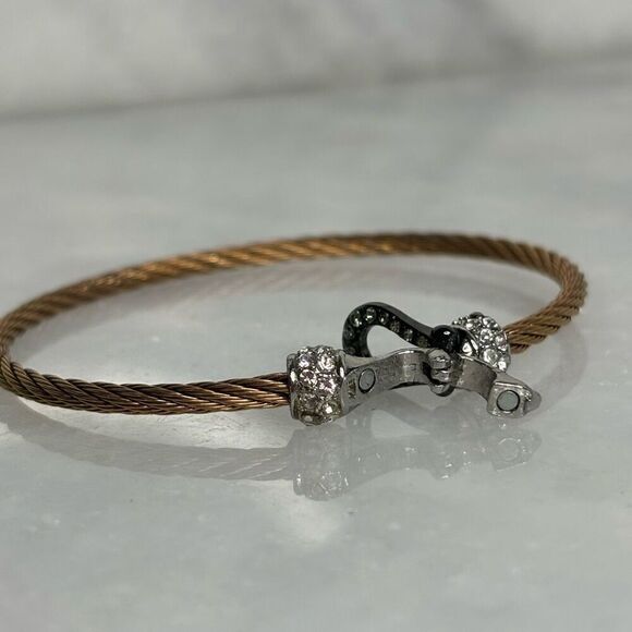 Rose Gold-tone Twisted Cable With Black and Silver Rhinestone Horseshoe Clasp Ba - Picture 1 of 4